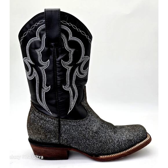 VTG J.B. Dillon Black Leather Western Boots Calf Hair Print Square Toe Womens 7B - Picture 5 of 9